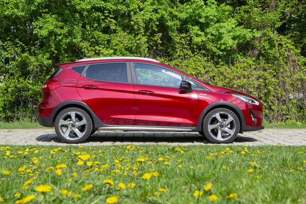 red Ford Fiesta hatchback parked in a park surrounded by trees