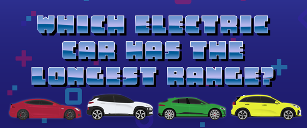 ‘Which electric car has the longest range’ text with images of a Tesla, Hyundai, Jaguar and Kia.