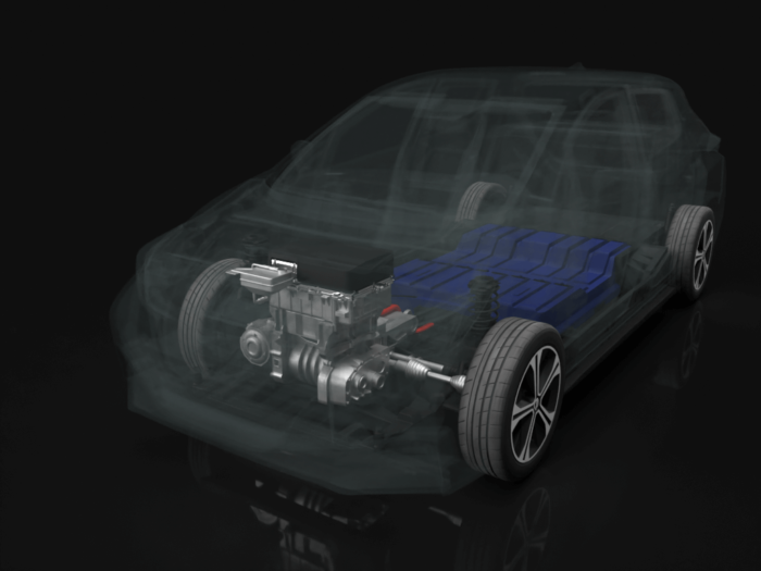 An electric car model highlighting the engine and showing what it looks like