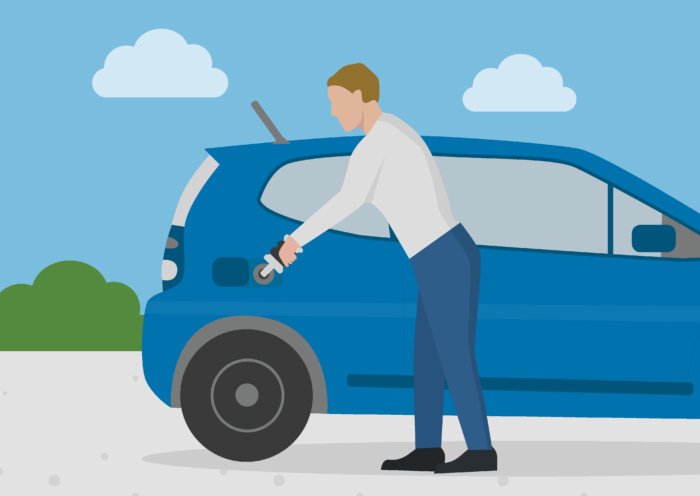 illustration of a man pouring a cleaning agent into his car to reduce the emissions